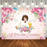 Aperturee - Aperturee Pink Floral Mi Primera Comunion Baptism Backdrop